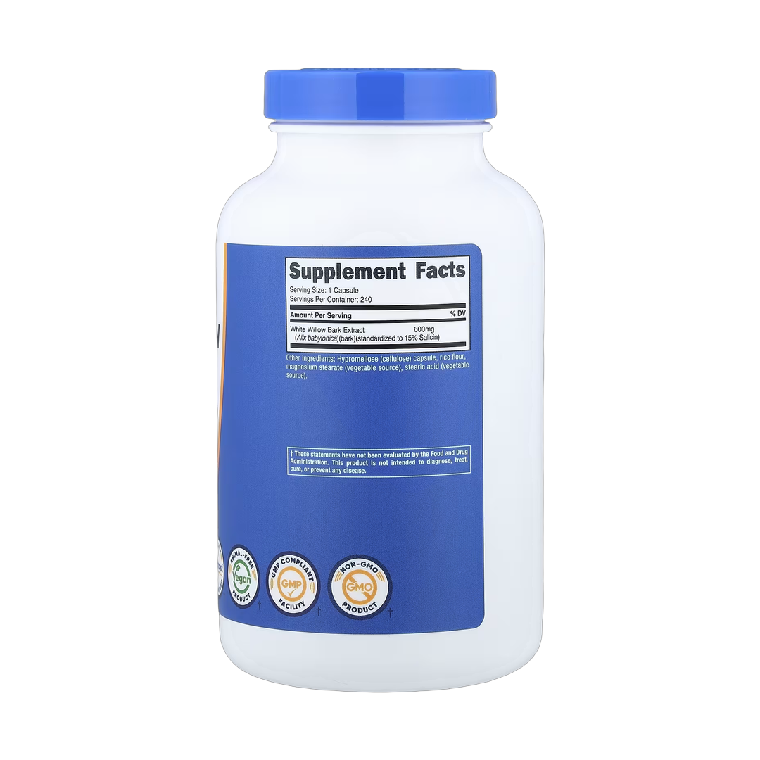 Nutricost, White Willow Bark, 600 mg, 240 Capsules back packaging view