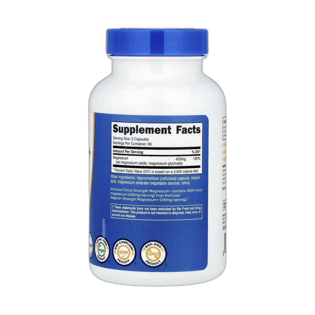 Nutricost, Magnesium+, Extra-Strength, 120 Capsules back packaging view