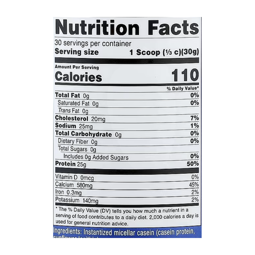 Nutricost, Casein Protein, Unflavored, 2 lb, 907 g supplement facts label showing ingredients, vitamins, minerals, and serving information