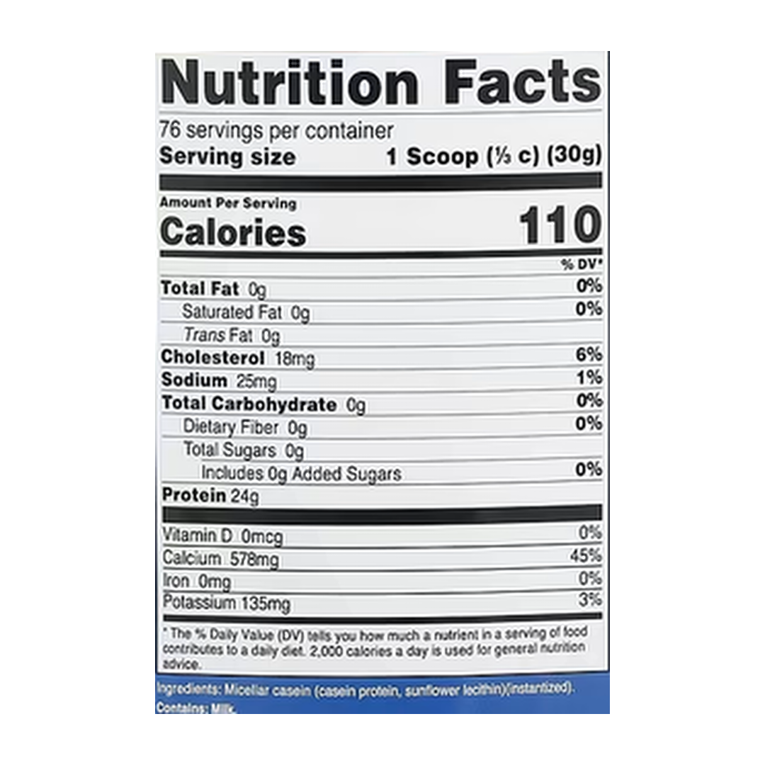 Nutricost, Casein Protein, Unflavored, 5 lb, 2,268 g supplement facts label showing ingredients, vitamins, minerals, and serving information