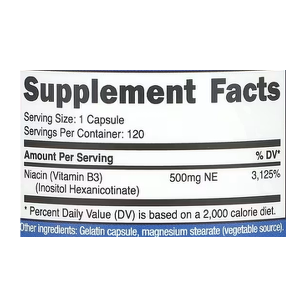 Nutricost, Niacin, Flush-Free, 500 mg, 120 Capsules supplement facts label showing ingredients, vitamins, minerals, and serving information