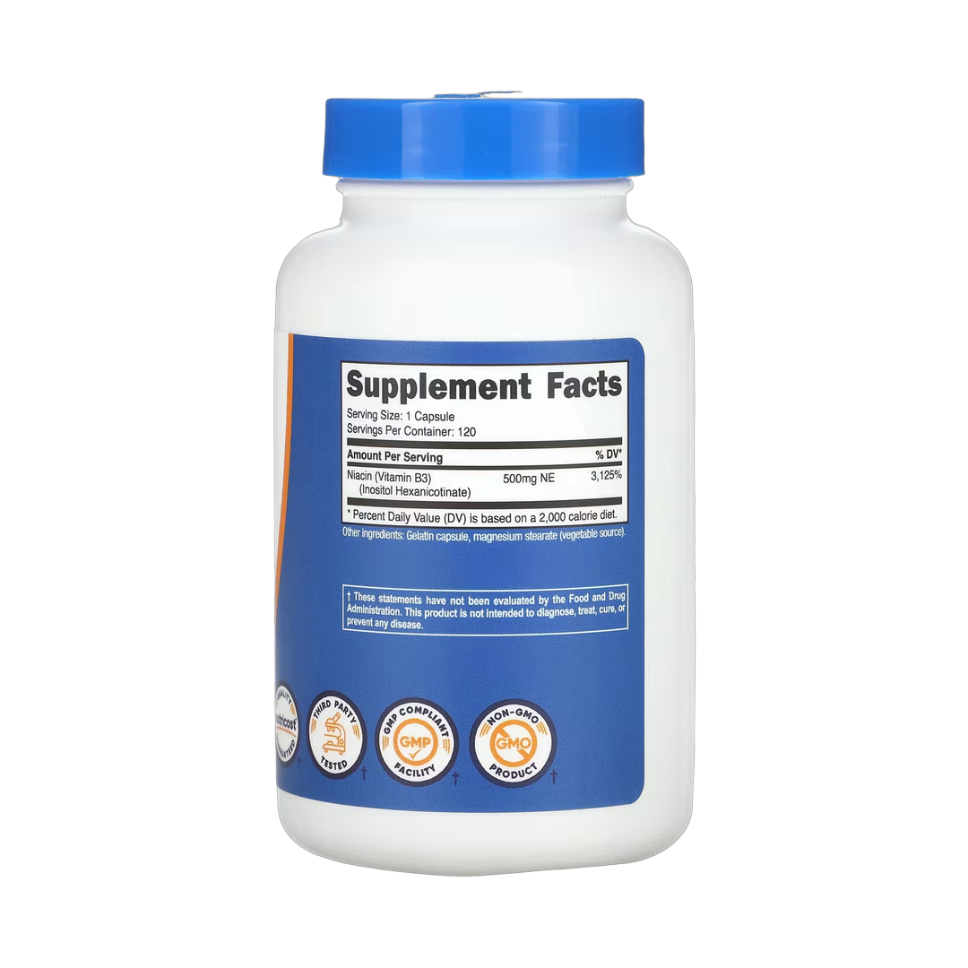 Nutricost, Niacin, Flush-Free, 500 mg, 120 Capsules back packaging view