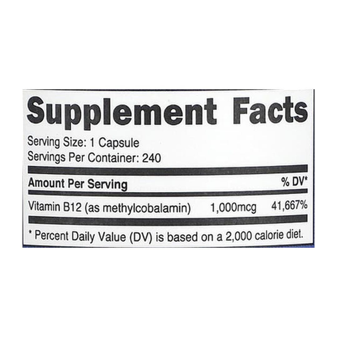 Nutricost, Vitamin B12, 1,000 mcg, 240 Capsules supplement facts label showing ingredients, vitamins, minerals, and serving information
