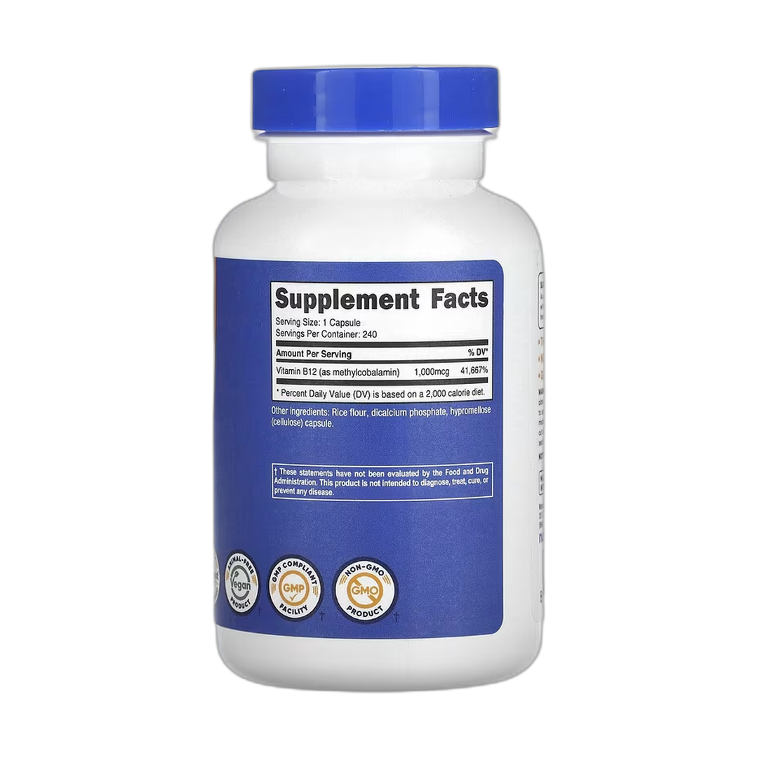 Nutricost, Vitamin B12, 1,000 mcg, 240 Capsules back packaging view