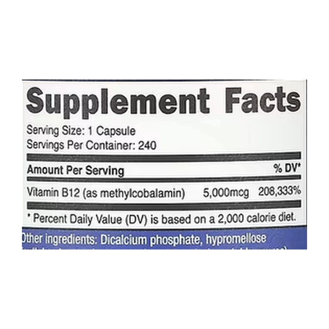 Nutricost, Vitamin B12, 5,000 mcg, 240 Capsules supplement facts label showing ingredients, vitamins, minerals, and serving information