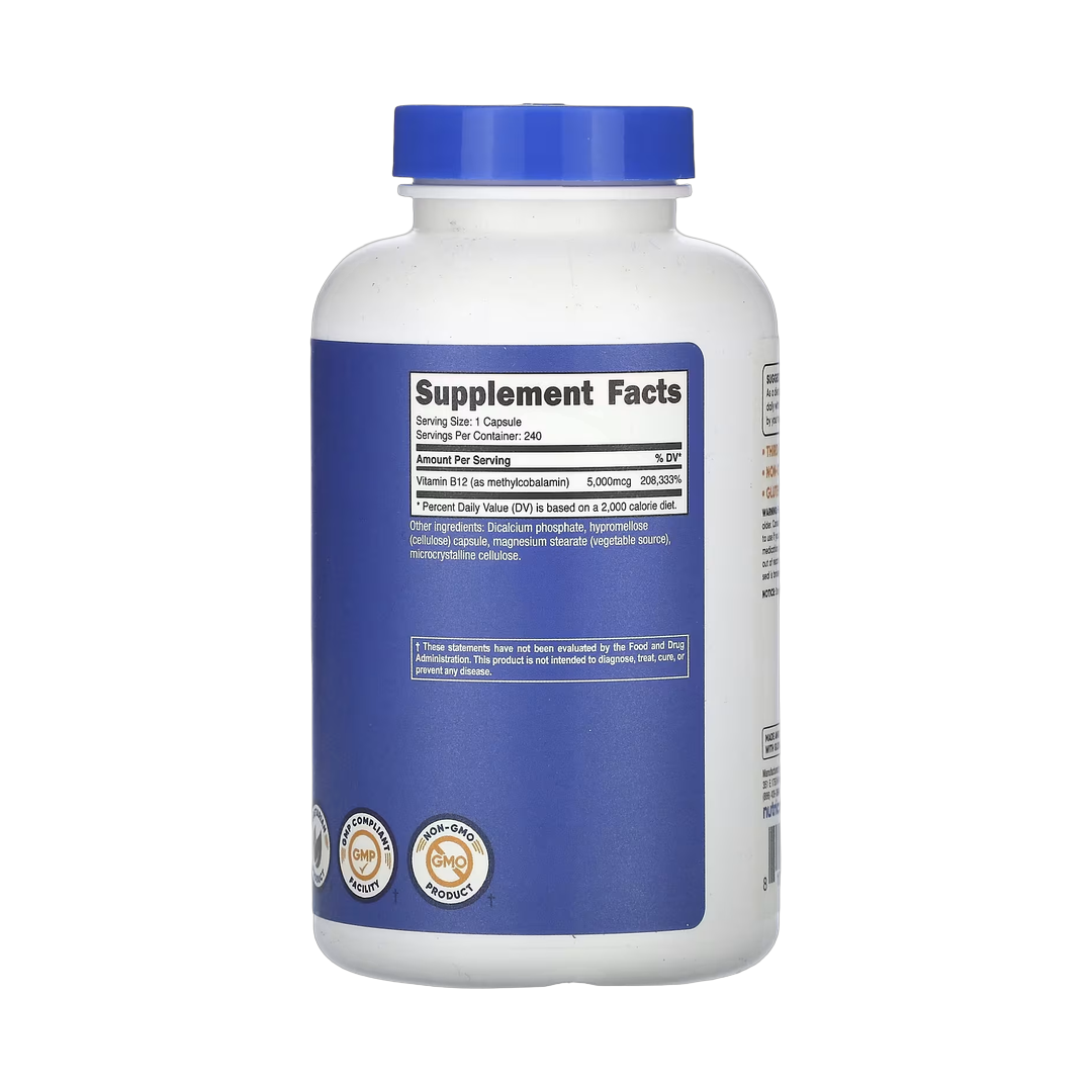 Nutricost, Vitamin B12, 5,000 mcg, 240 Capsules back packaging view