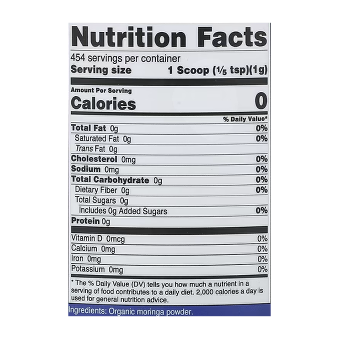 Nutricost, Organic Moringa, Unflavored, 16 oz, 454 g supplement facts label showing ingredients, vitamins, minerals, and serving information