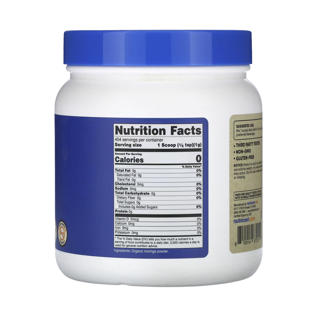 Nutricost, Organic Moringa, Unflavored, 16 oz, 454 g back packaging view