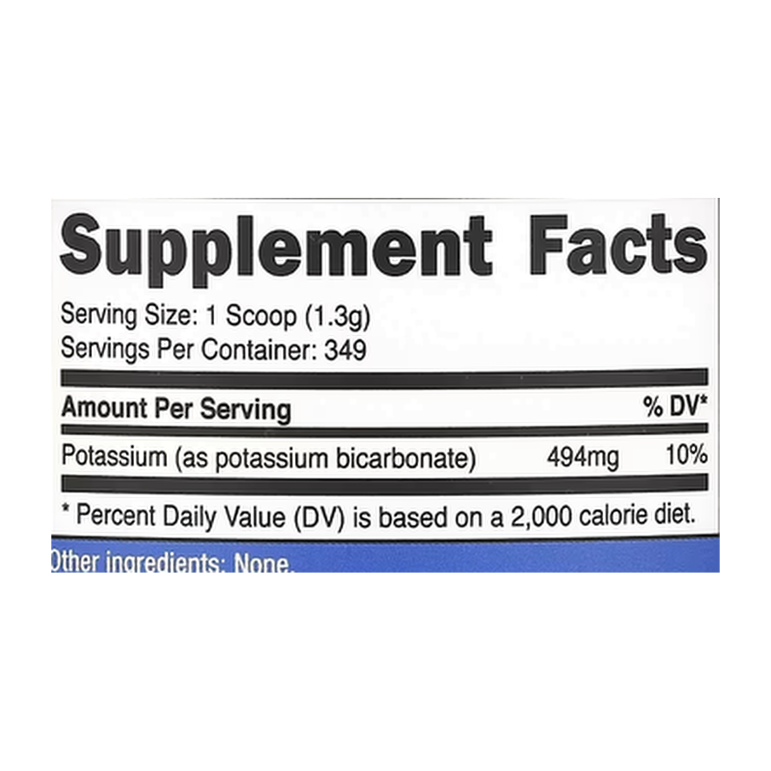 Nutricost, Potassium Bicarbonate, Unflavored, 16 oz, 454 g supplement facts label showing ingredients, vitamins, minerals, and serving information