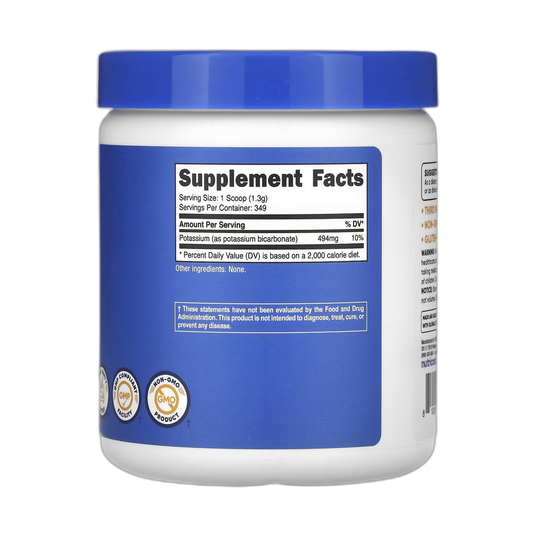 Nutricost, Potassium Bicarbonate, Unflavored, 16 oz, 454 g back packaging view