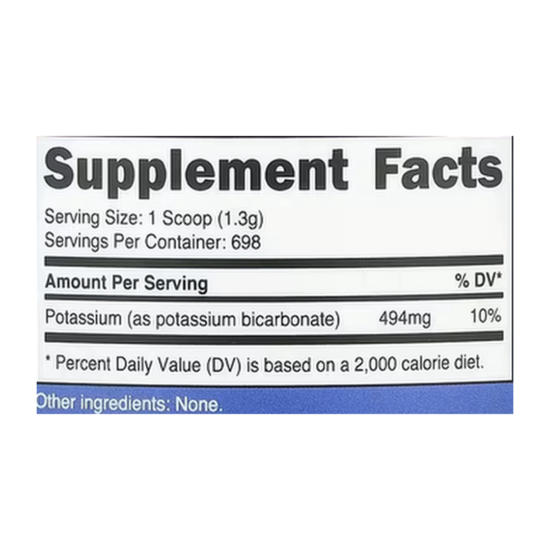 Nutricost, Potassium Bicarbonate, Unflavored, 32.4 oz, 907 g supplement facts label showing ingredients, vitamins, minerals, and serving information