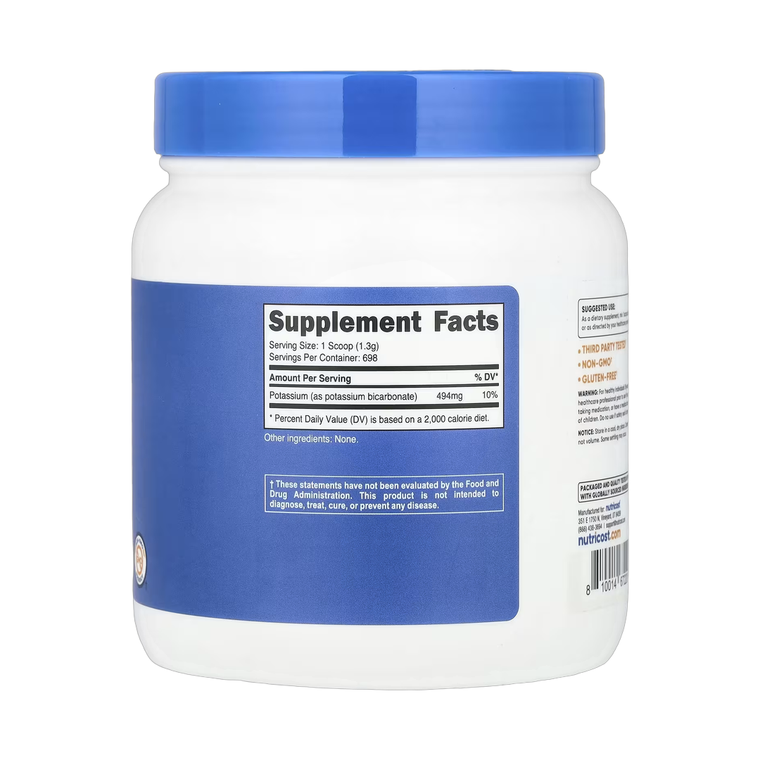 Nutricost, Potassium Bicarbonate, Unflavored, 32.4 oz, 907 g back packaging view