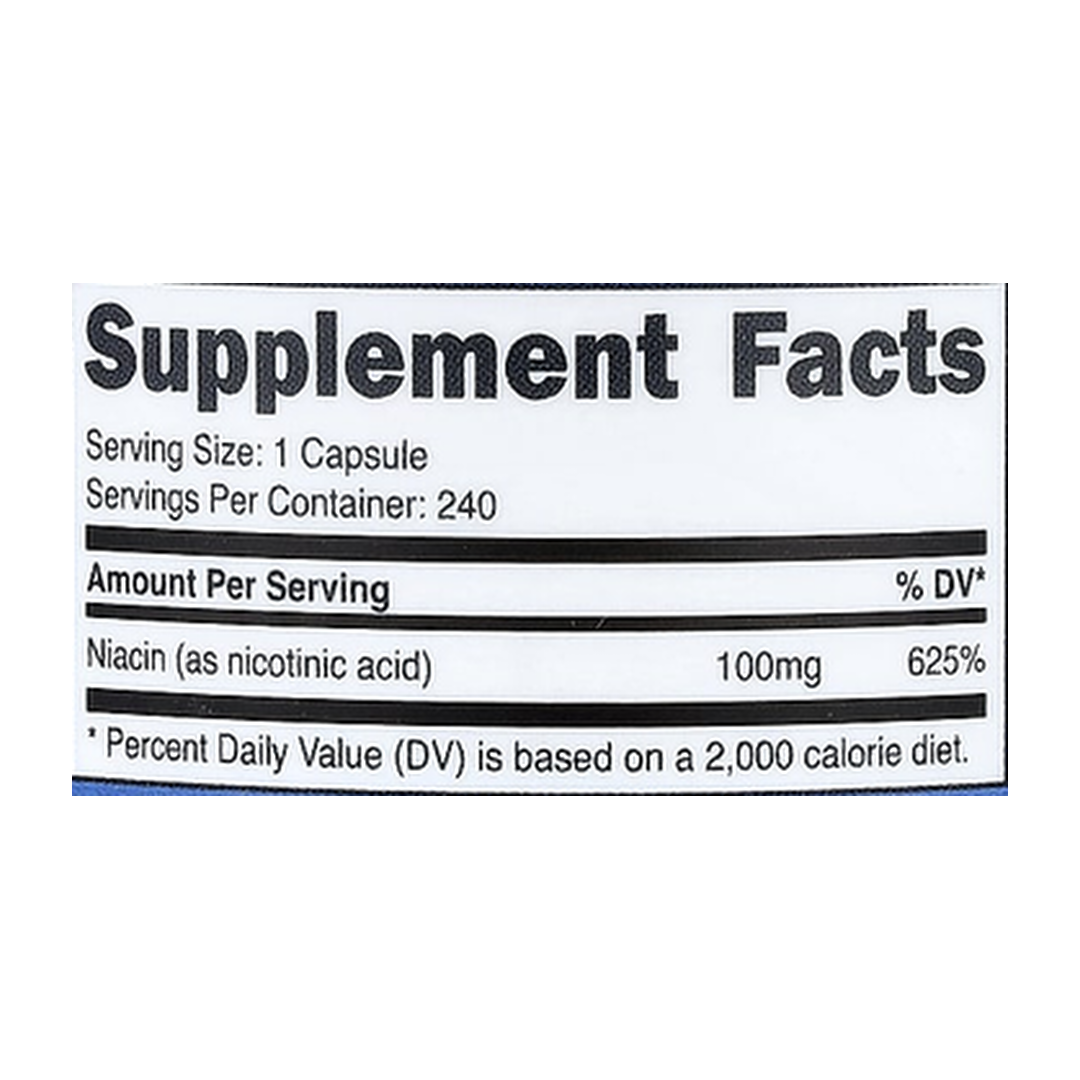 Nutricost, Niacin, 100 mg, 240 Capsules supplement facts label showing ingredients, vitamins, minerals, and serving information