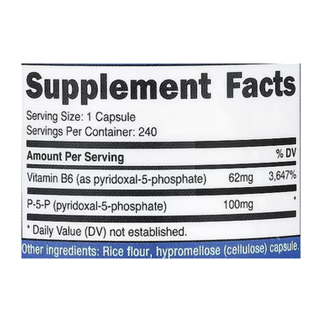 Nutricost, P-5-P, 100 mg, 240 Capsules supplement facts label showing ingredients, vitamins, minerals, and serving information