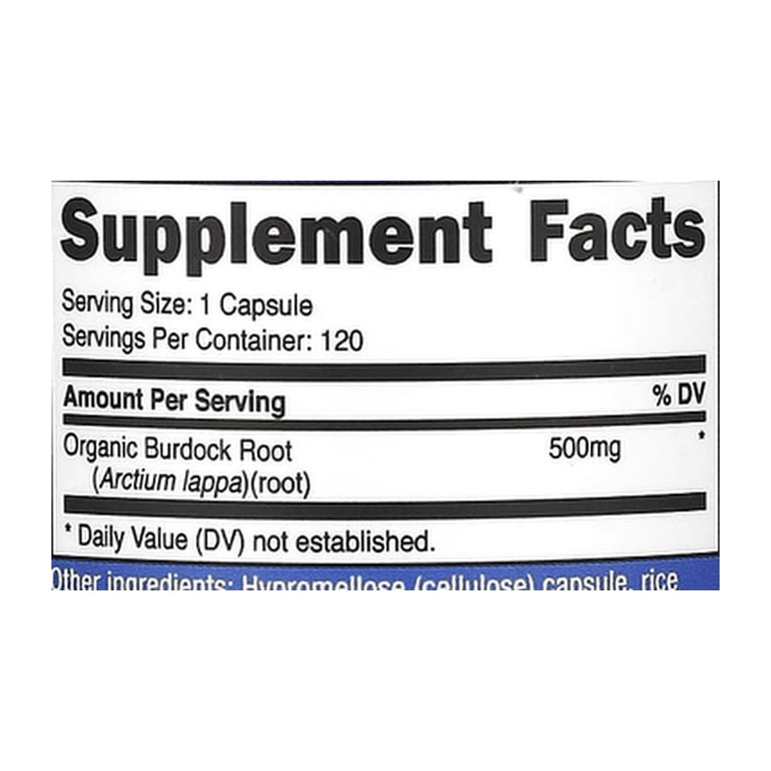 Nutricost, Burdock Root, 500 mg, 120 Capsules supplement facts label showing ingredients, vitamins, minerals, and serving information