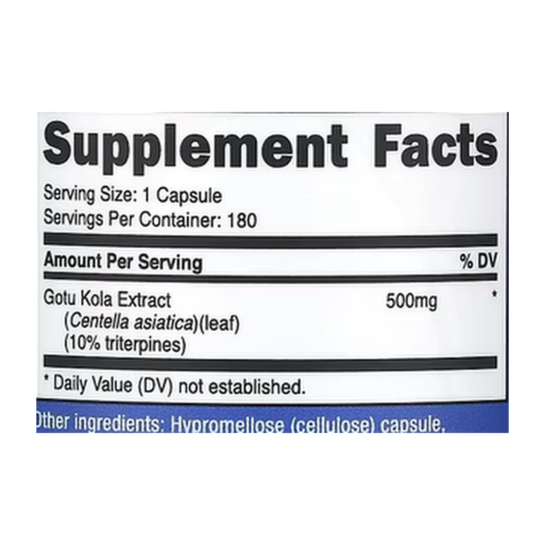 Nutricost, Gotu Kola, 500 mg, 180 Capsules supplement facts label showing ingredients, vitamins, minerals, and serving information