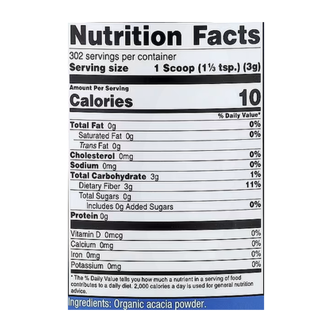Nutricost, Organic Acacia Fiber Powder, Unflavored, 32.4 oz, 907 g supplement facts label showing ingredients, vitamins, minerals, and serving information