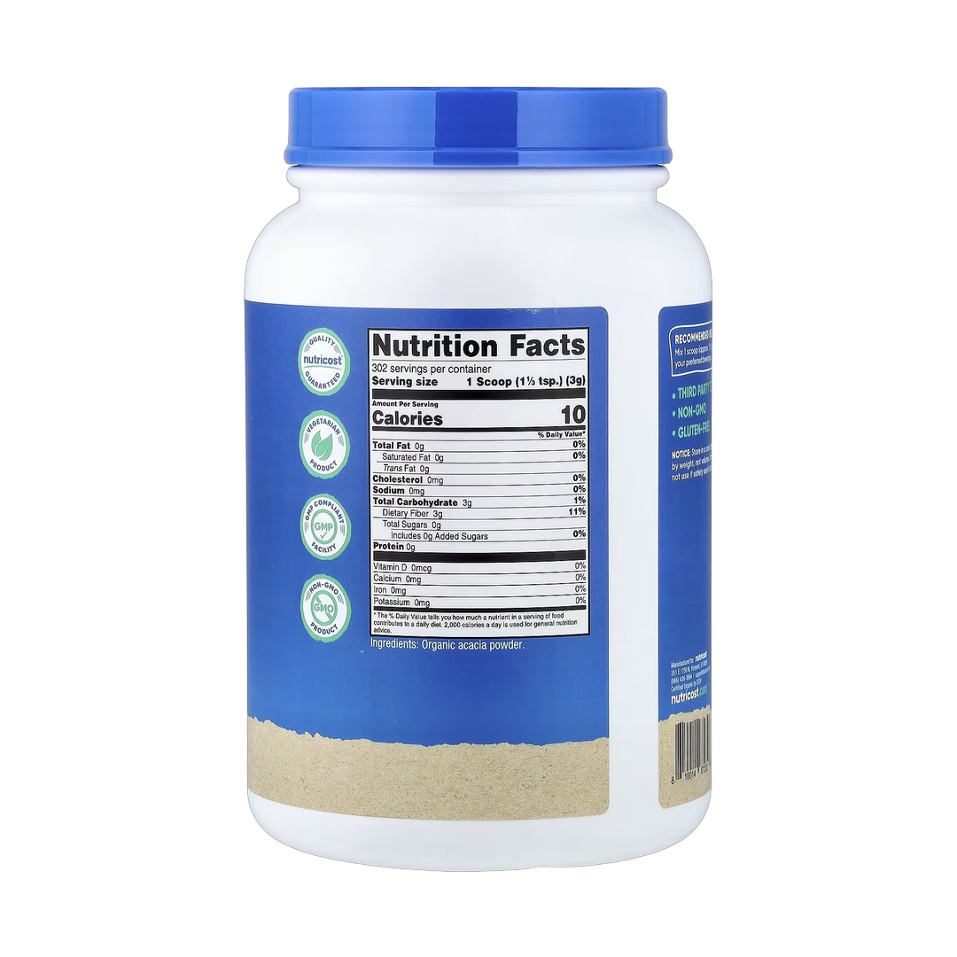 Nutricost, Organic Acacia Fiber Powder, Unflavored, 32.4 oz, 907 g back packaging view