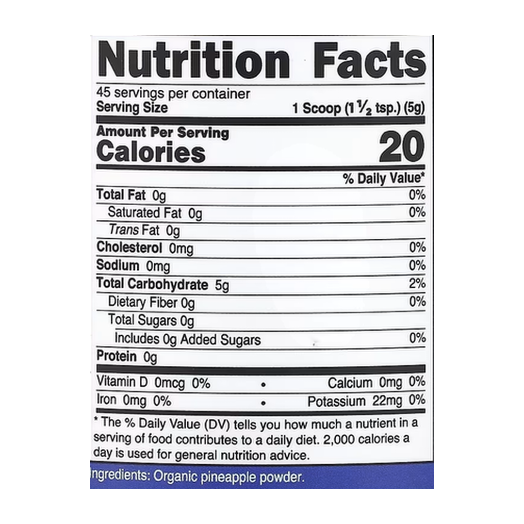 Nutricost, Organic Pineapple Powder, Unflavored, 8 oz, 227 g supplement facts label showing ingredients, vitamins, minerals, and serving information
