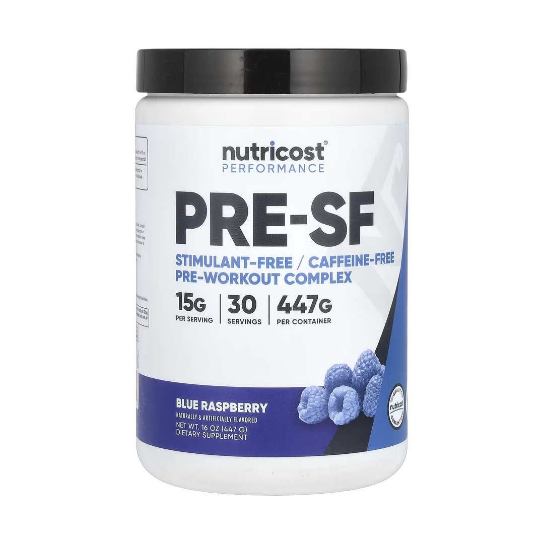 Nutricost, Performance, Pre-SF, Stimulant-Free Pre-Workout Complex, Blue Raspberry, 16 oz,447 g front packaging view