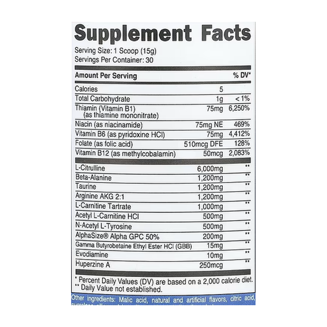 Nutricost, Performance, Pre-SF, Stimulant-Free Pre-Workout Complex, Blue Raspberry, 16 oz,447 g supplement facts label showing ingredients, vitamins, minerals, and serving information