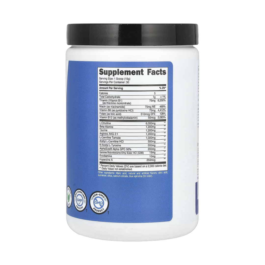 Nutricost, Performance, Pre-SF, Stimulant-Free Pre-Workout Complex, Blue Raspberry, 16 oz,447 g back packaging view