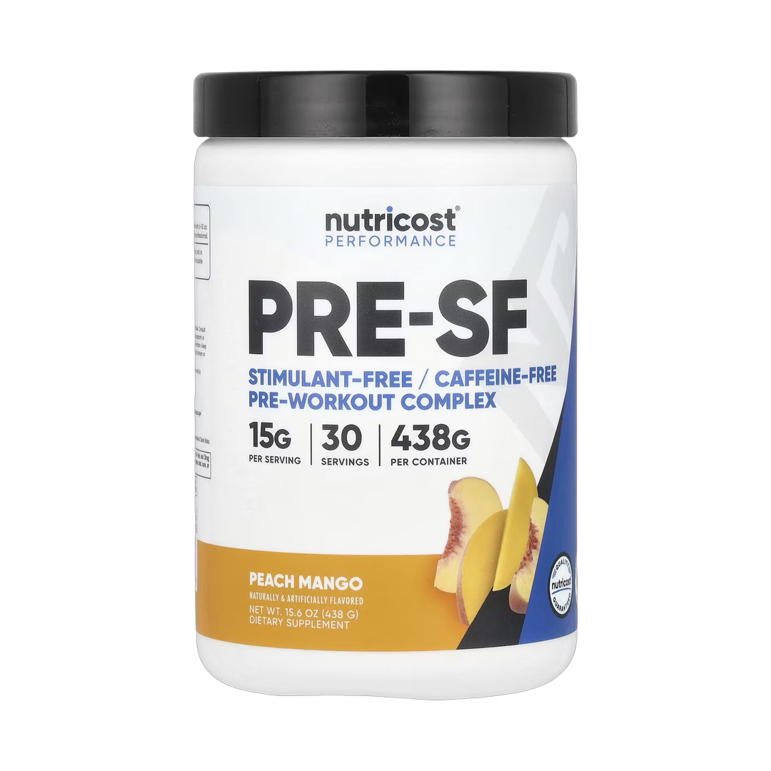 Nutricost, Performance, Pre-SF, Stimulant-Free Pre-Workout Complex, Peach Mango, 15.6 oz, 438 g front packaging view
