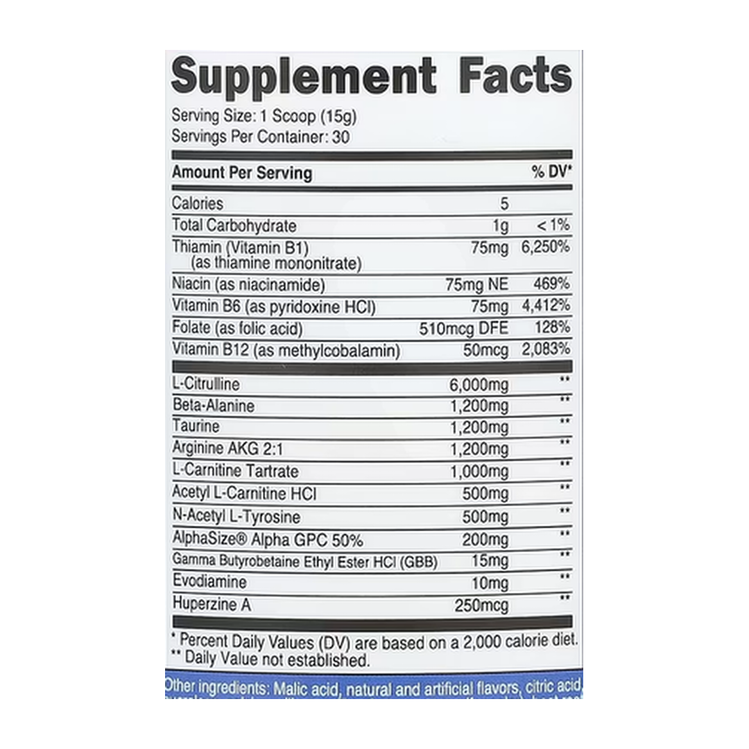 Nutricost, Performance, Pre-SF, Stimulant-Free Pre-Workout Complex, Peach Mango, 15.6 oz, 438 g supplement facts label showing ingredients, vitamins, minerals, and serving information