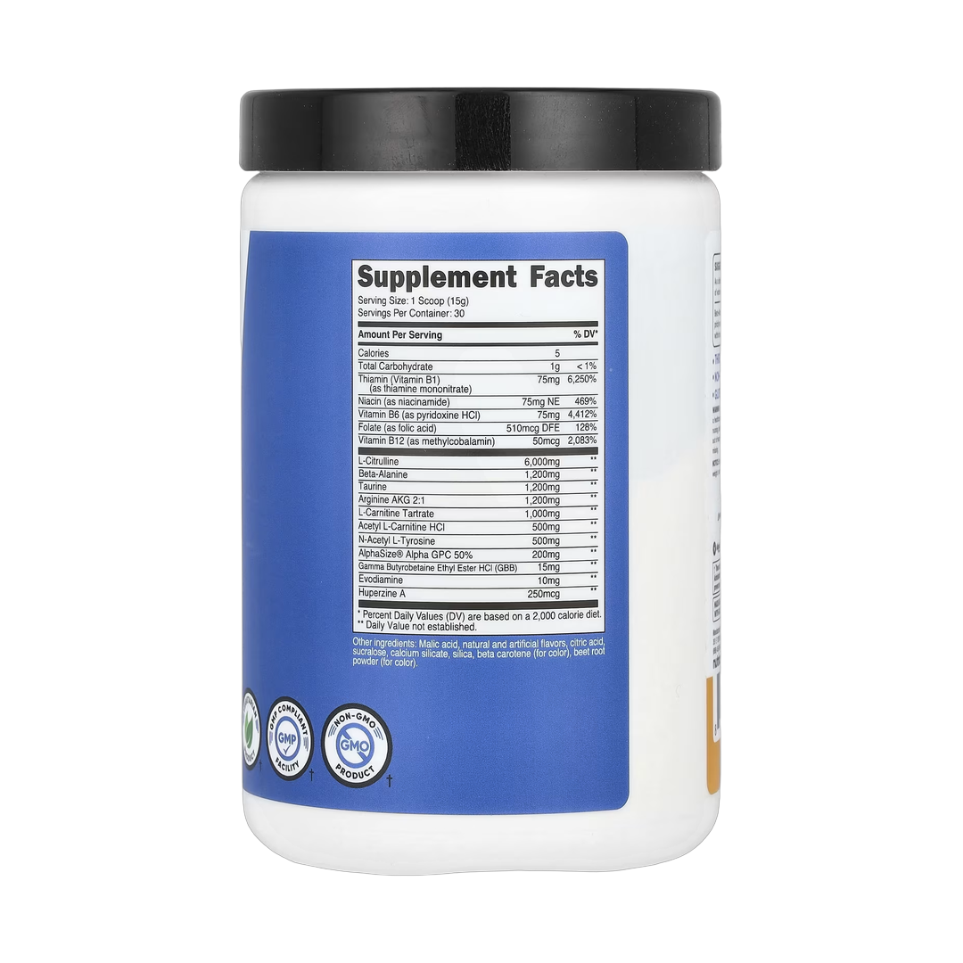 Nutricost, Performance, Pre-SF, Stimulant-Free Pre-Workout Complex, Peach Mango, 15.6 oz, 438 g back packaging view