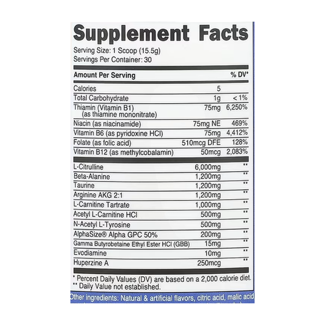 Nutricost, Performance, Pre-SF, Stimulant-Free Pre-Workout Complex, Pink Lemonade, 1 lb, 465 g supplement facts label showing ingredients, vitamins, minerals, and serving information