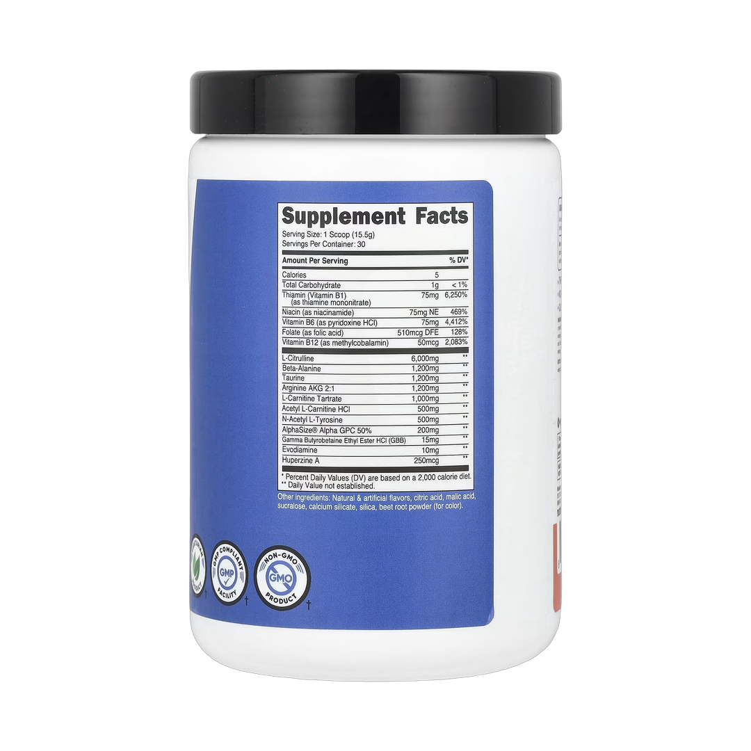Nutricost, Performance, Pre-SF, Stimulant-Free Pre-Workout Complex, Pink Lemonade, 1 lb, 465 g back packaging view