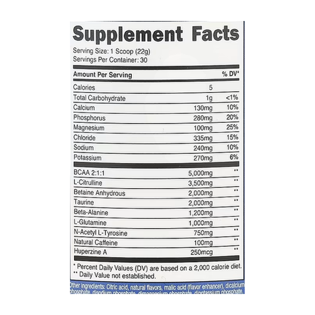 Nutricost, Performance, Intra-Workout Complex, Pink Lemonade, 1.4 lb, 651 g supplement facts label showing ingredients, vitamins, minerals, and serving information