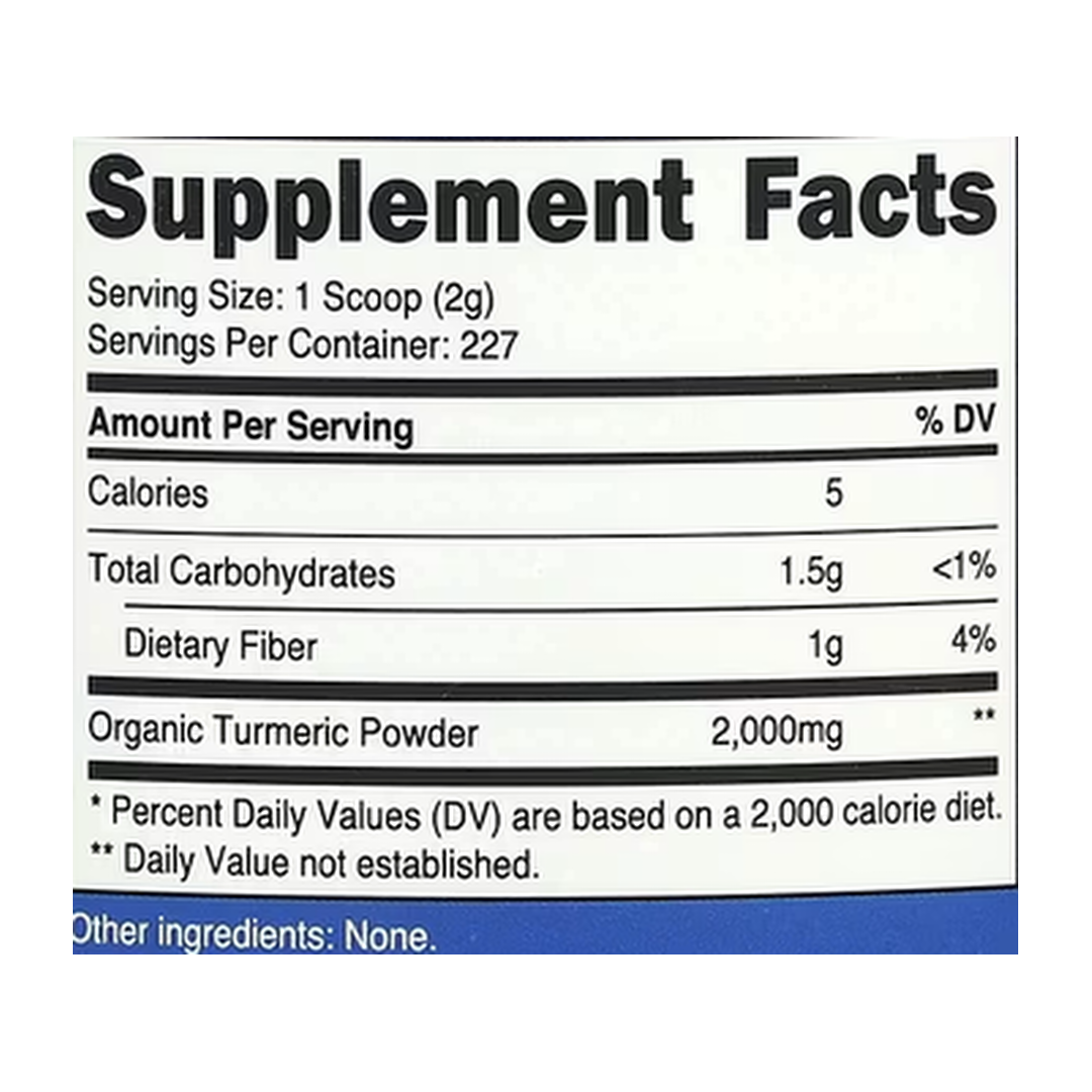 Nutricost, Organic Turmeric Powder, Unflavored, 16 oz, 454 g supplement facts label showing ingredients, vitamins, minerals, and serving information