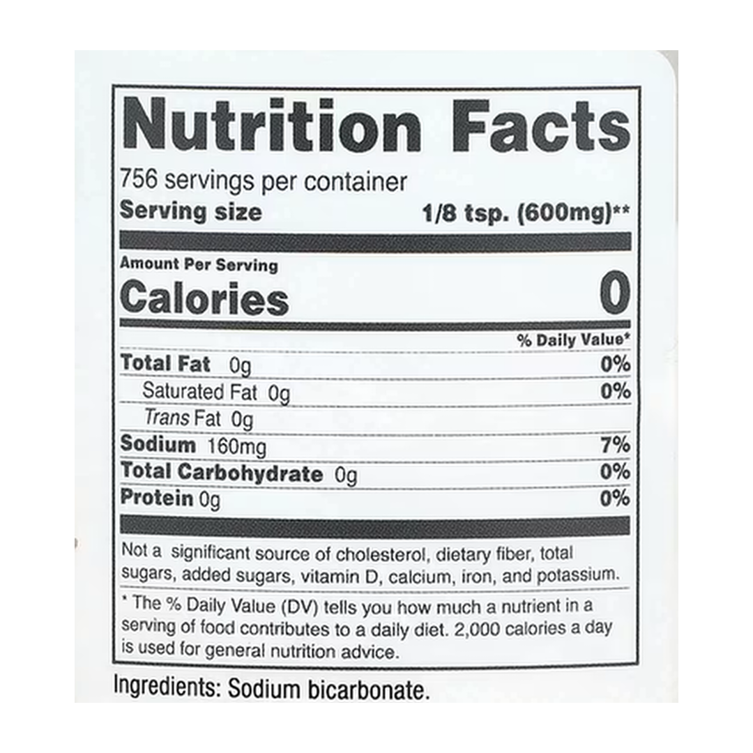 Nutricost, Pantry, Baking Soda, 16.2 oz, 454 g supplement facts label showing ingredients, vitamins, minerals, and serving information
