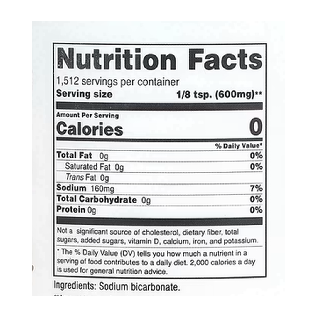 Nutricost, Pantry, Baking Soda, 32 oz, 907 g supplement facts label showing ingredients, vitamins, minerals, and serving information