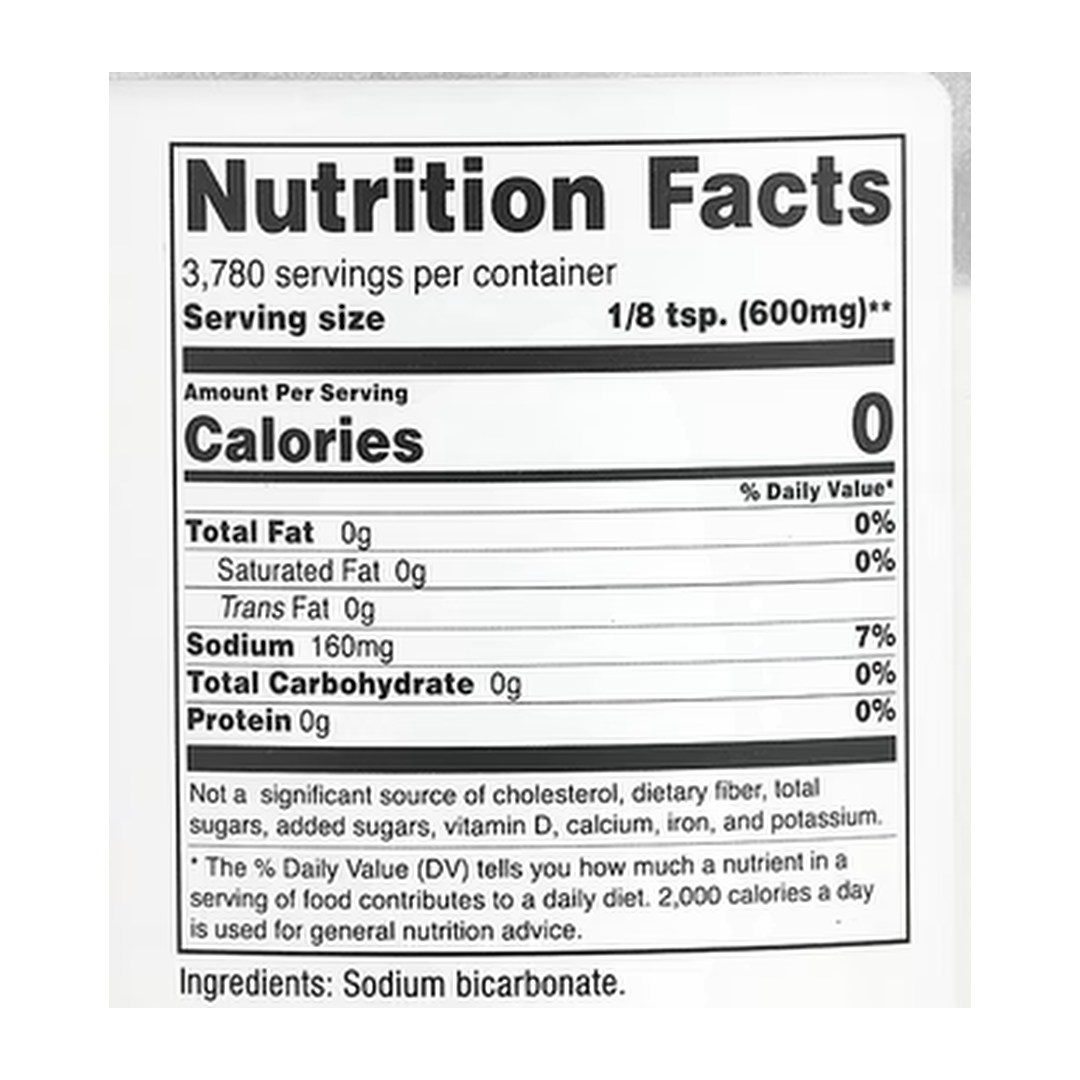 Nutricost, Pantry, Baking Soda, 5 lb, 2,268 g supplement facts label showing ingredients, vitamins, minerals, and serving information