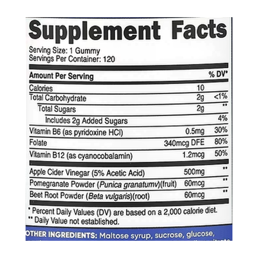 Nutricost, Apple Cider Vinegar Gummies, Apple, 500 mg, 120 Gummies supplement facts label showing ingredients, vitamins, minerals, and serving information