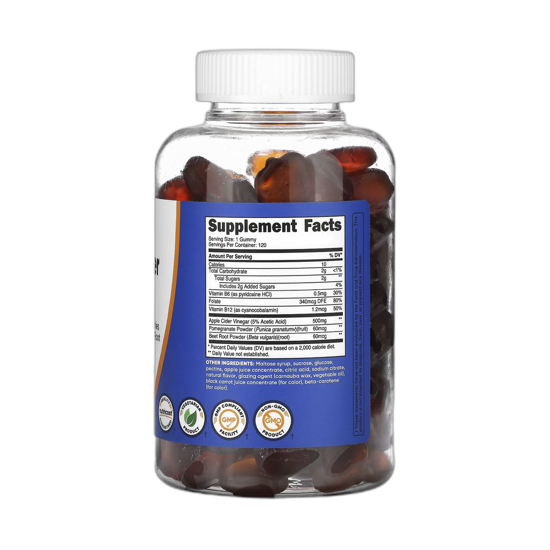 Nutricost, Apple Cider Vinegar Gummies, Apple, 500 mg, 120 Gummies back packaging view