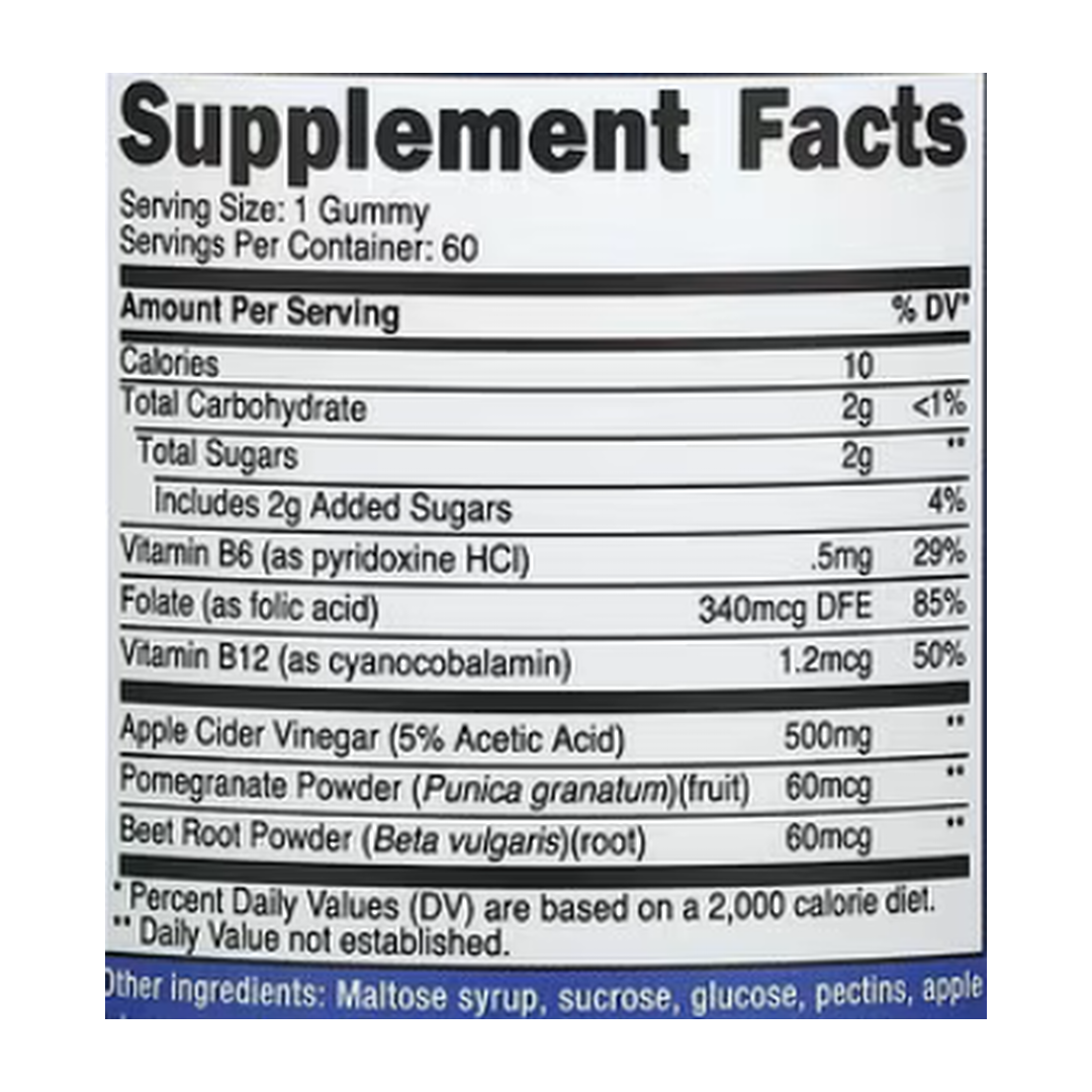 Nutricost, Apple Cider Vinegar Gummies, Apple, 500 mg, 60 Gummies supplement facts label showing ingredients, vitamins, minerals, and serving information
