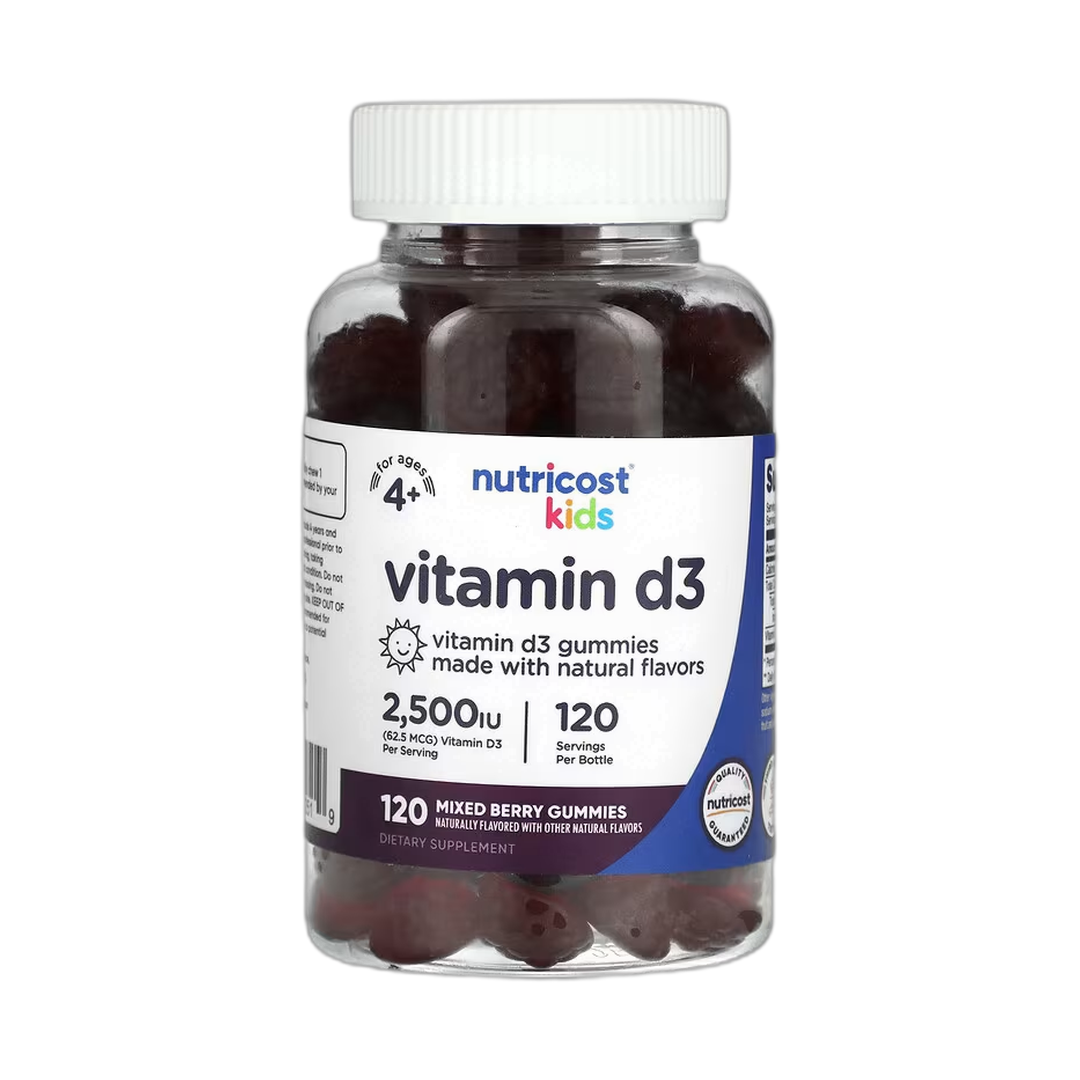 Nutricost, Kids, Vitamin D3, Ages 4+, Mixed Berry, 62.5 mcg (2,500 IU), 120 Gummies front packaging view
