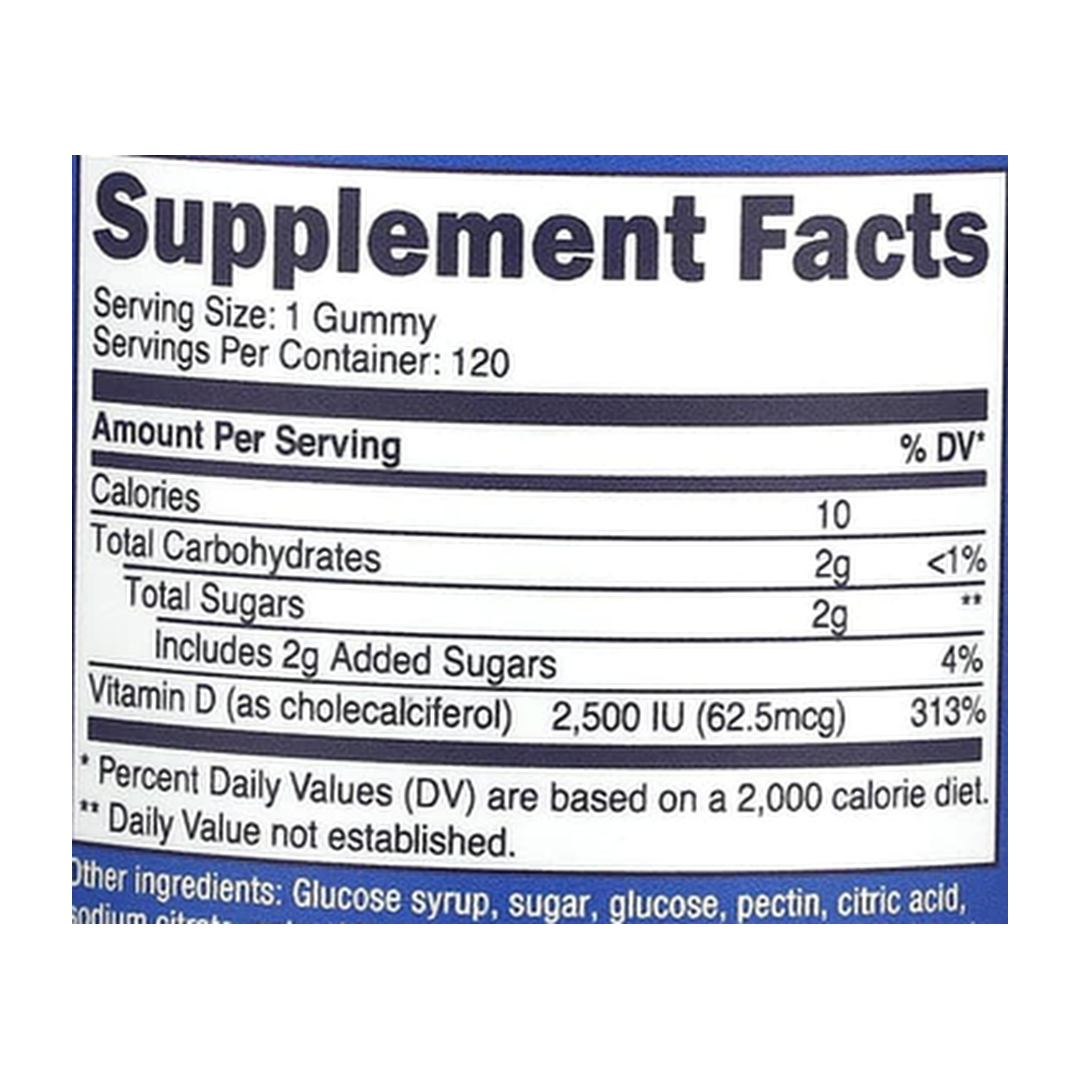 Nutricost, Kids, Vitamin D3, Ages 4+, Mixed Berry, 62.5 mcg (2,500 IU), 120 Gummies supplement facts label showing ingredients, vitamins, minerals, and serving information