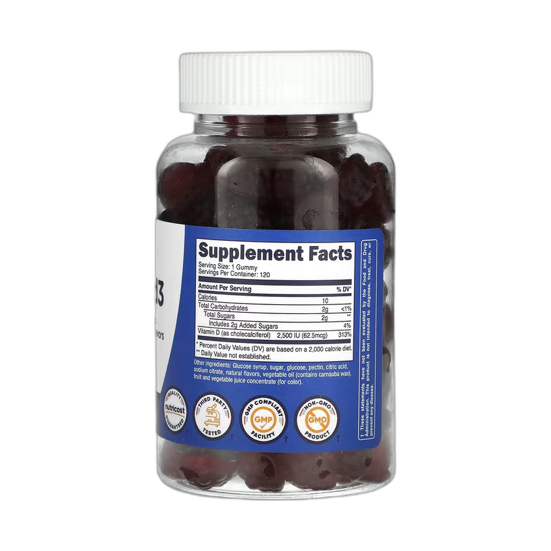 Nutricost, Kids, Vitamin D3, Ages 4+, Mixed Berry, 62.5 mcg (2,500 IU), 120 Gummies back packaging view