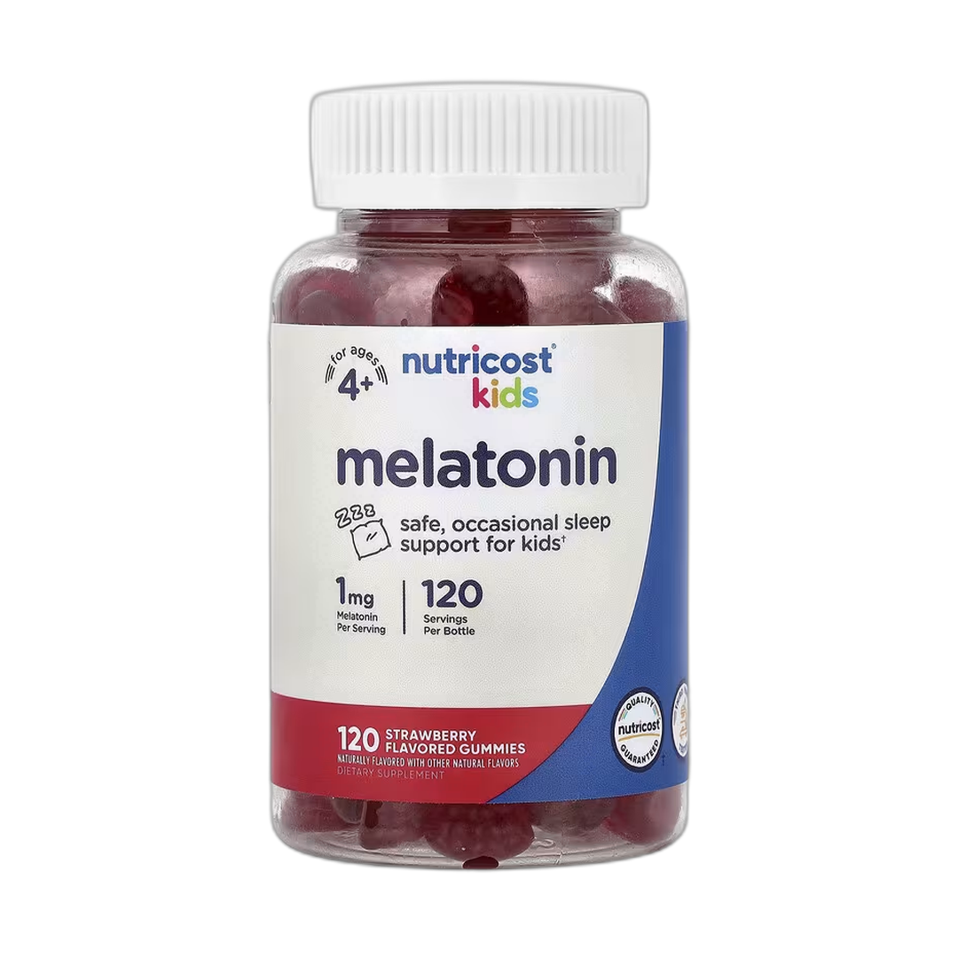 Nutricost, Kids, Melatonin, Ages 4+, Strawberry, 1 mg, 120 Gummies front packaging view