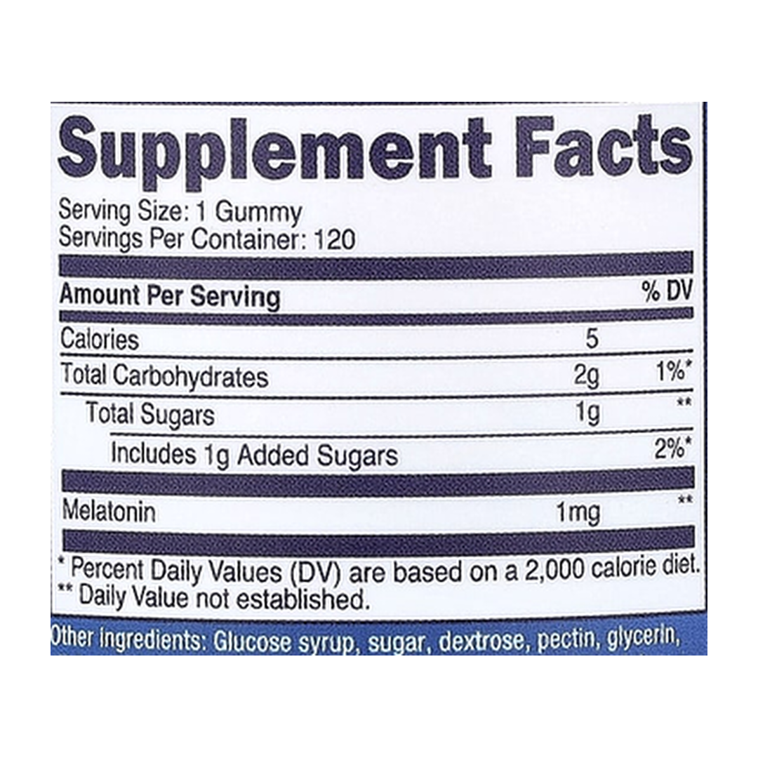 Nutricost, Kids, Melatonin, Ages 4+, Strawberry, 1 mg, 120 Gummies supplement facts label showing ingredients, vitamins, minerals, and serving information
