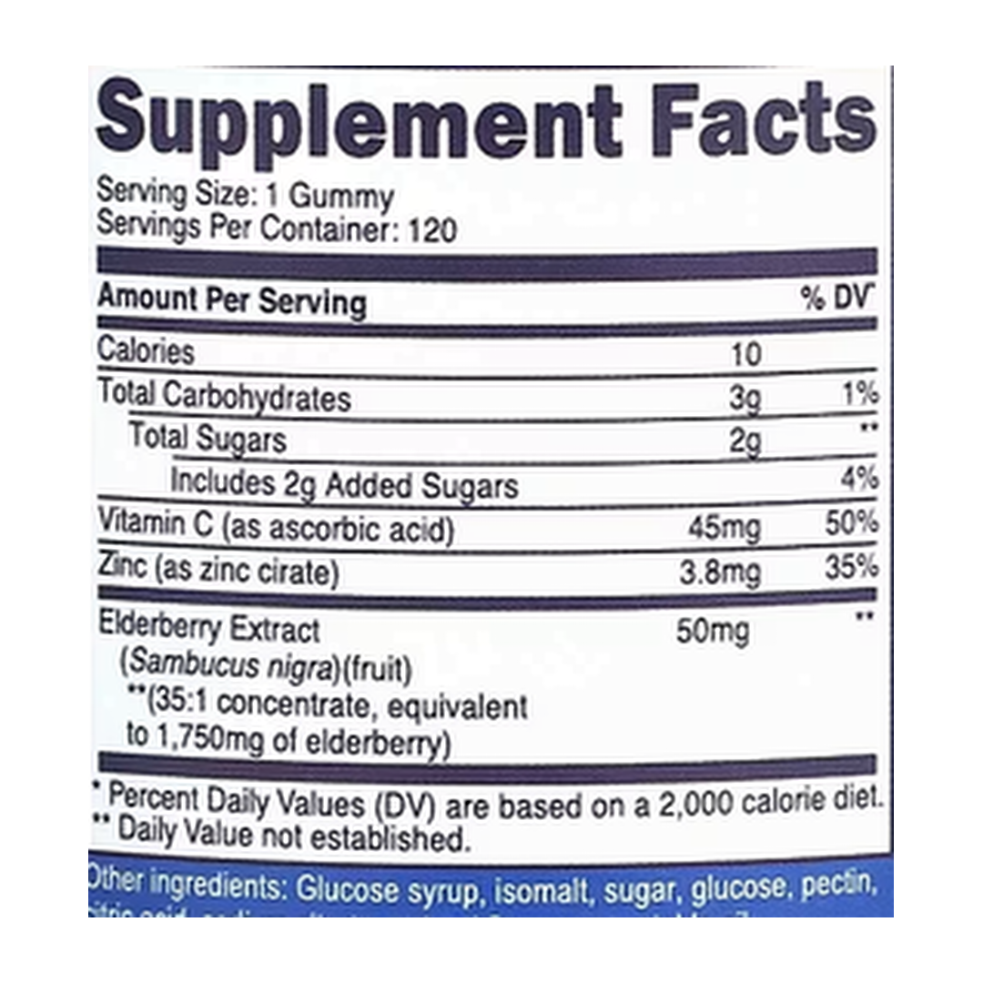 Nutricost, Kids, Elderberry, Ages 4+, 1,750 mg, 120 Gummies supplement facts label showing ingredients, vitamins, minerals, and serving information
