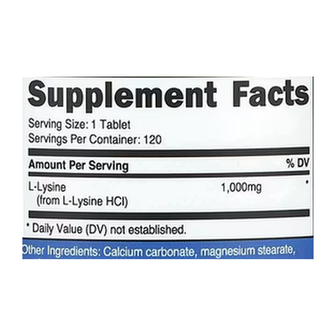Nutricost, L-Lysine, 1,000 mg, 120 Tablets supplement facts label showing ingredients, vitamins, minerals, and serving information
