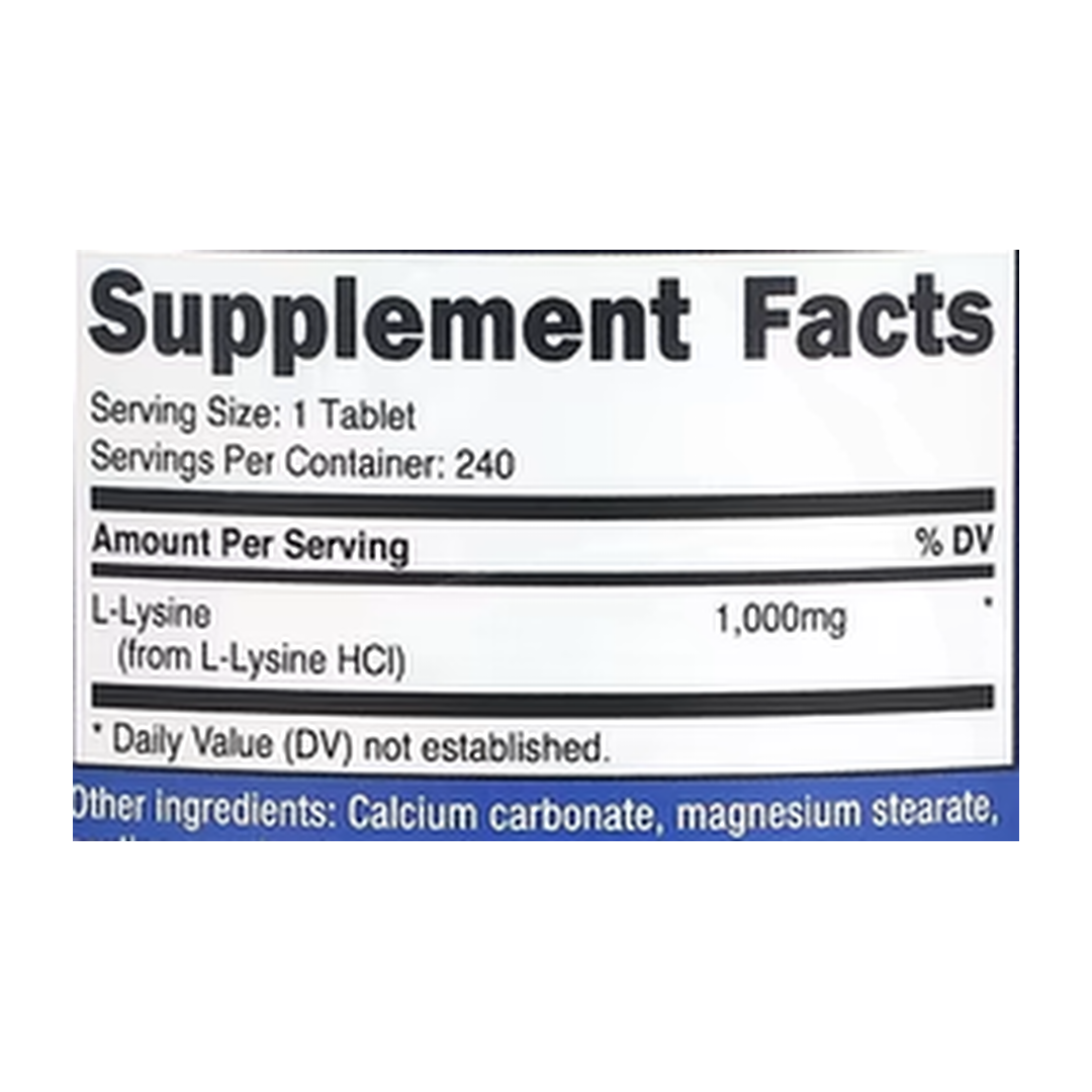 Nutricost, L-Lysine, 1,000 mg , 240 Tablets supplement facts label showing ingredients, vitamins, minerals, and serving information