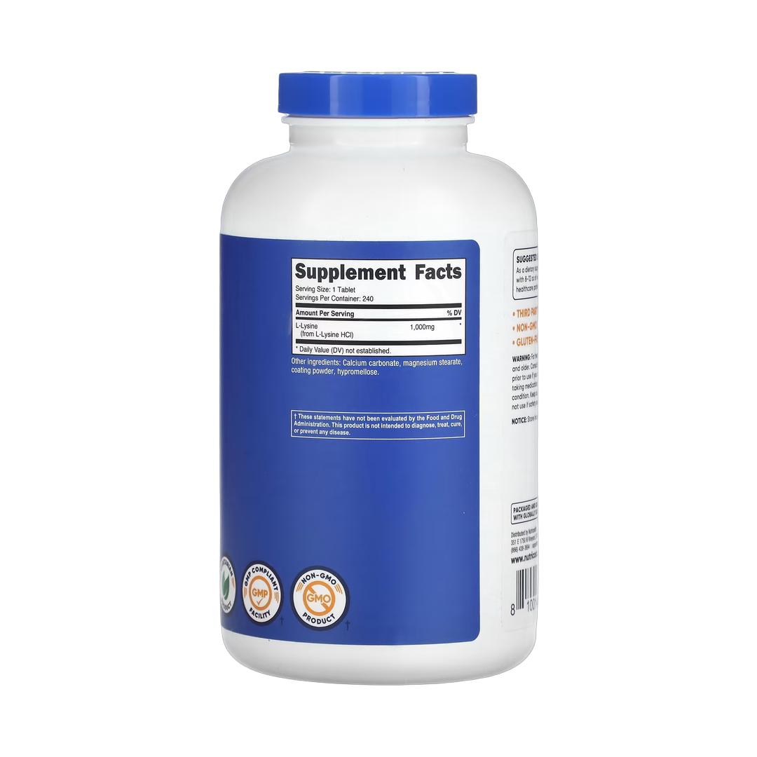 Nutricost, L-Lysine, 1,000 mg , 240 Tablets back packaging view