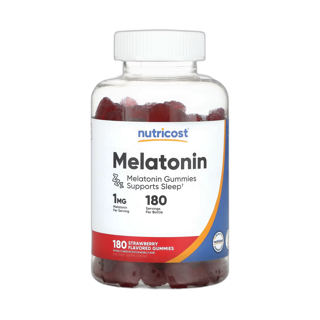 Nutricost, Melatonin, Strawberry, 1 mg, 180 Gummies front packaging view
