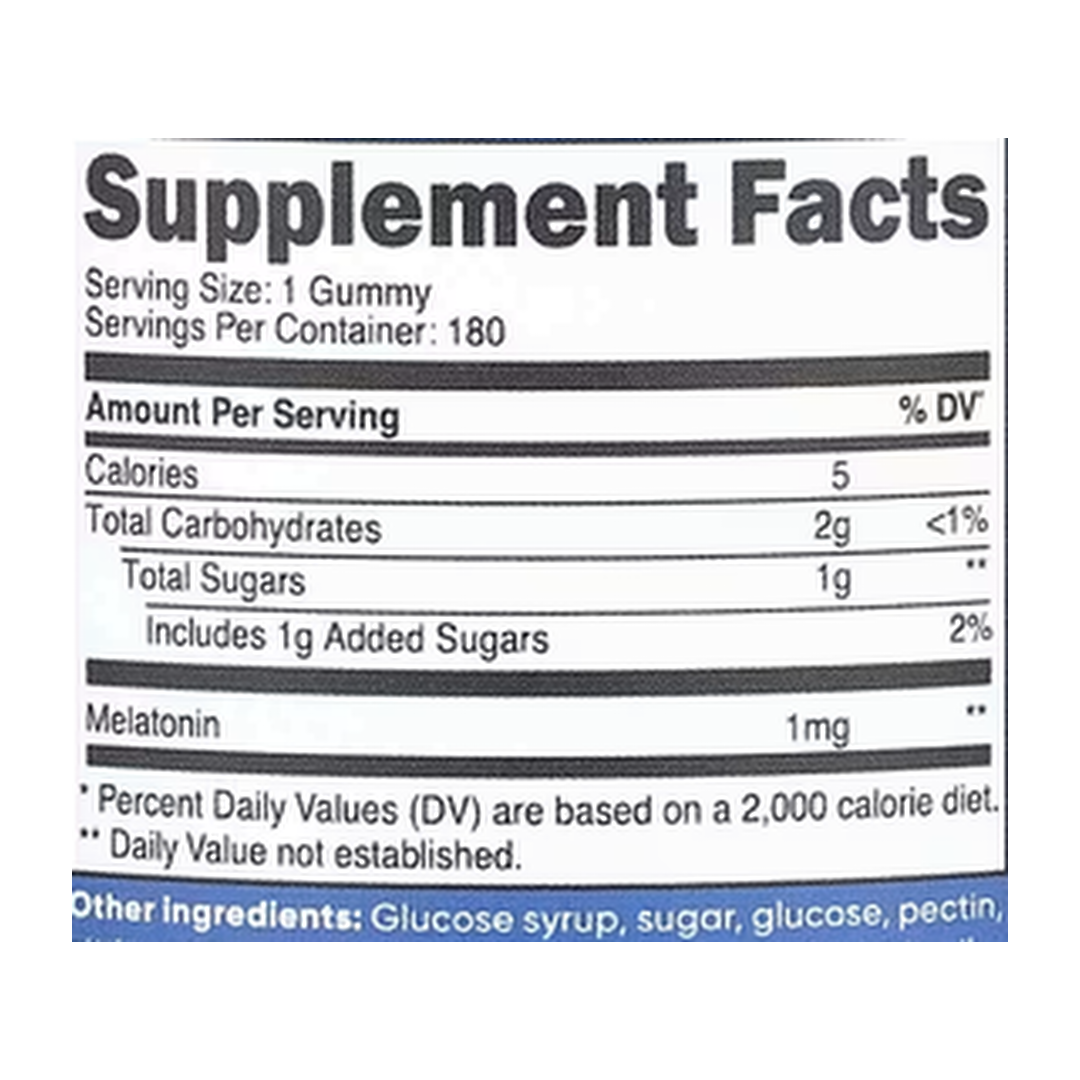 Nutricost, Melatonin, Strawberry, 1 mg, 180 Gummies supplement facts label showing ingredients, vitamins, minerals, and serving information